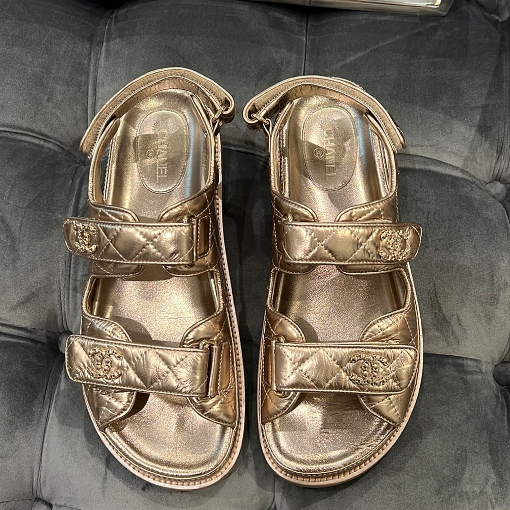 Chanel Quilted Metallic Bronze Dad Sandals 39
